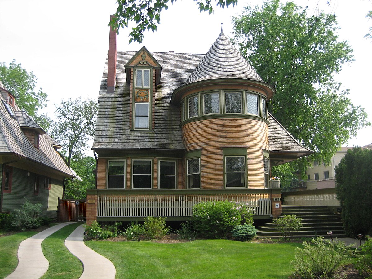 Ngôi nhà Walter Gale ở Oak Park, Illinois (1893). Mang phong cách kiến trúc Nữ hoàng Anne, ngôi nhà có các thanh chắn cửa sổ và mái hiên nhô ra, biểu hiện về sự phát triển thẩm mỹ của Wright.